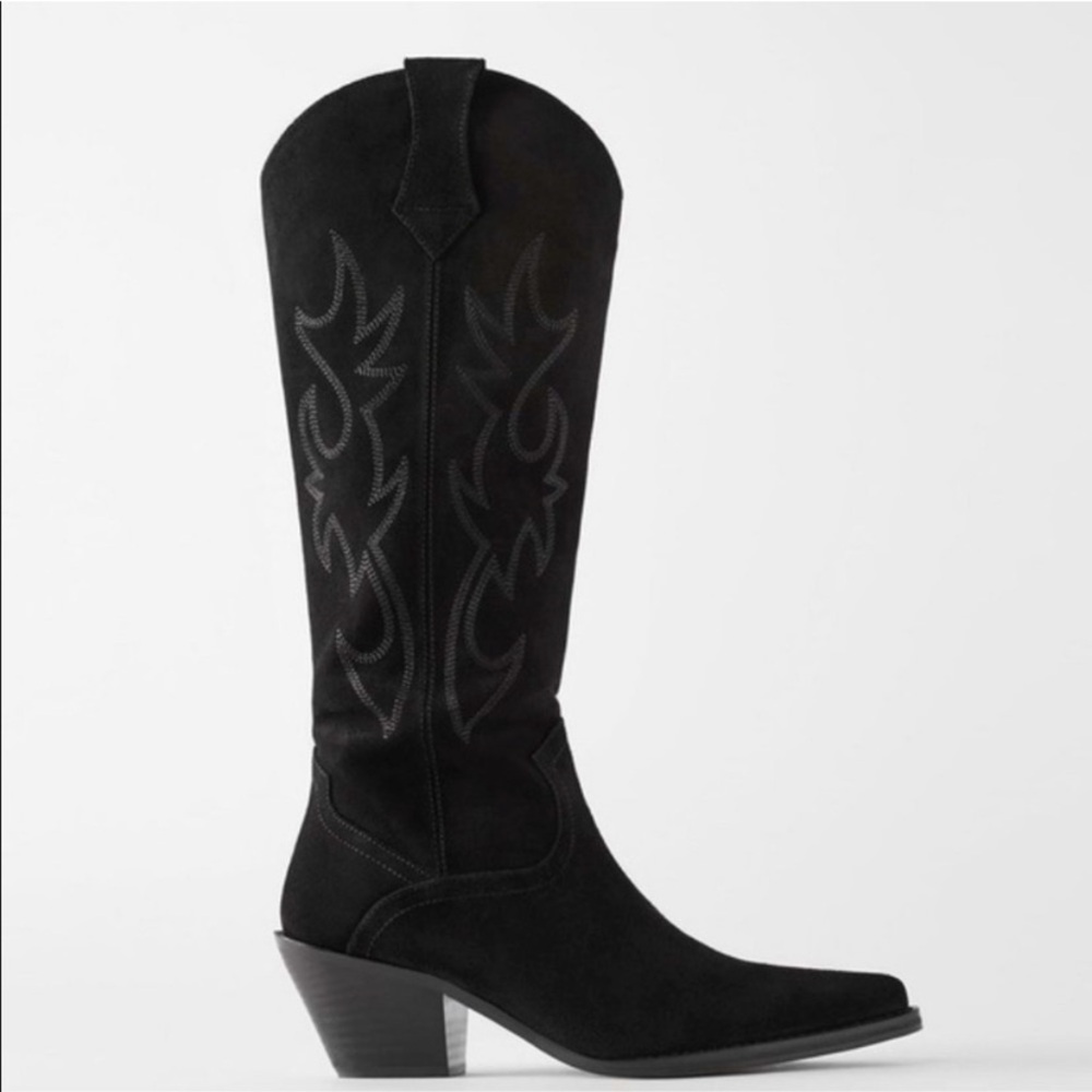 Zara Black Split Suede Cowboy Boots Size US 9